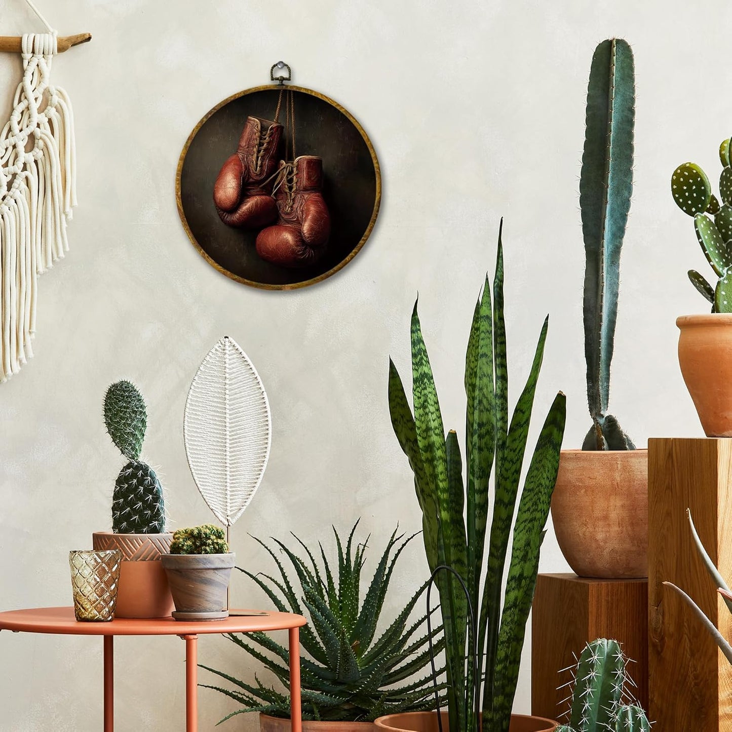 Vintage Red Boxing Gloves Wall Art Decor, Sport Framed Canvas Prints 10x10, Rustic Retro Boxing Round Wall Hanging Artwork Decorations for Home Bedroom Gym Sport Room Man Cave