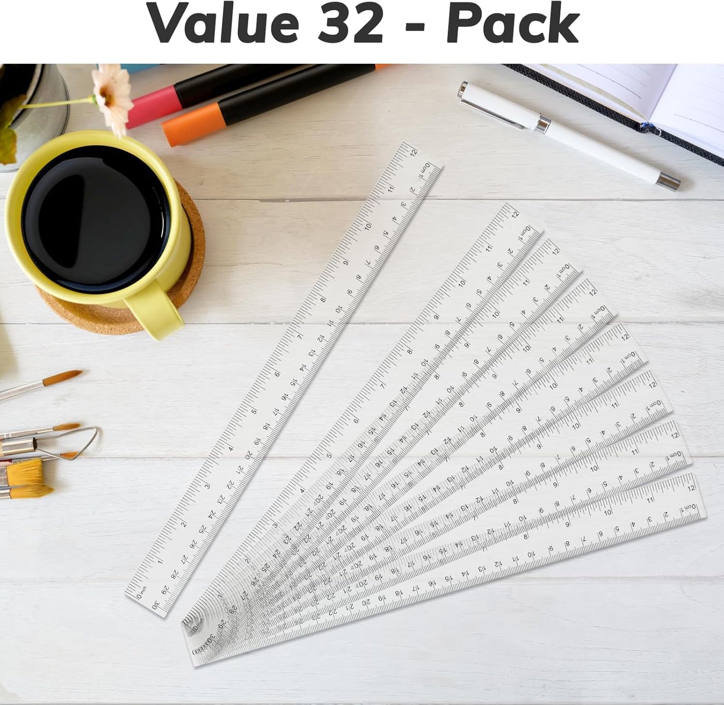 32PCS Clear Plastic Ruler 12 Inch with Centimeter and Millimeter, Transparent Metric Rulers Bulk Measuring Drawing Tool Home Office Supplies