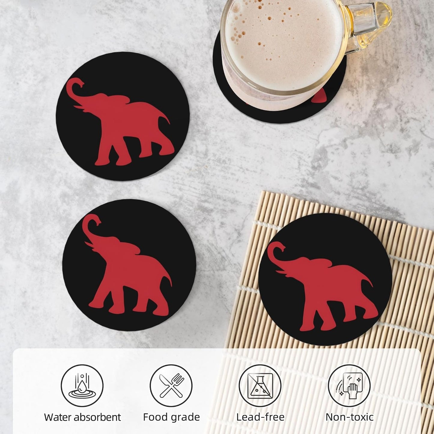 Elephant Coasters for Drinks Set of 4, Absorbent Ceramic Drink Coasters for Coffee Table Wooden Table Cup Bar, 4 Inches