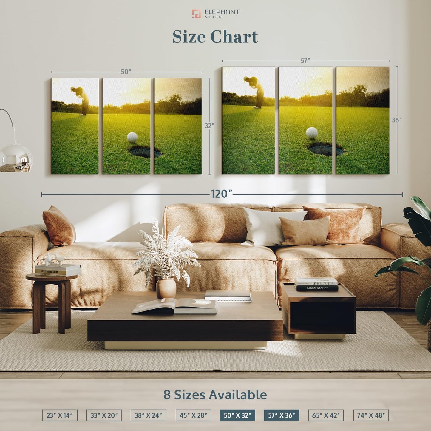 ElephantStock Golf Ball Strike Wall Art - Horizontal Canvas - 3-Piece Living Room Wall Decor - Photography Sports Canvas Print - Green and White Decor for Wall - 57" X 36"