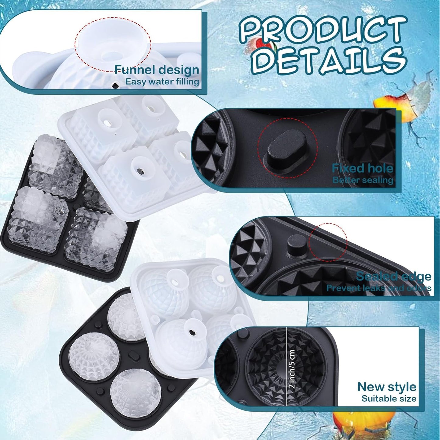 Hoolerry 2 Pcs Silicone Ice Cube Tray Large Square Sphere Golf Ice Tray 4 Hole Fun Shapes Big Ices Cube Mold with Funnel for Whiskey Cocktails Bourbon Chilling White Elephant Gifting(Round,Square)