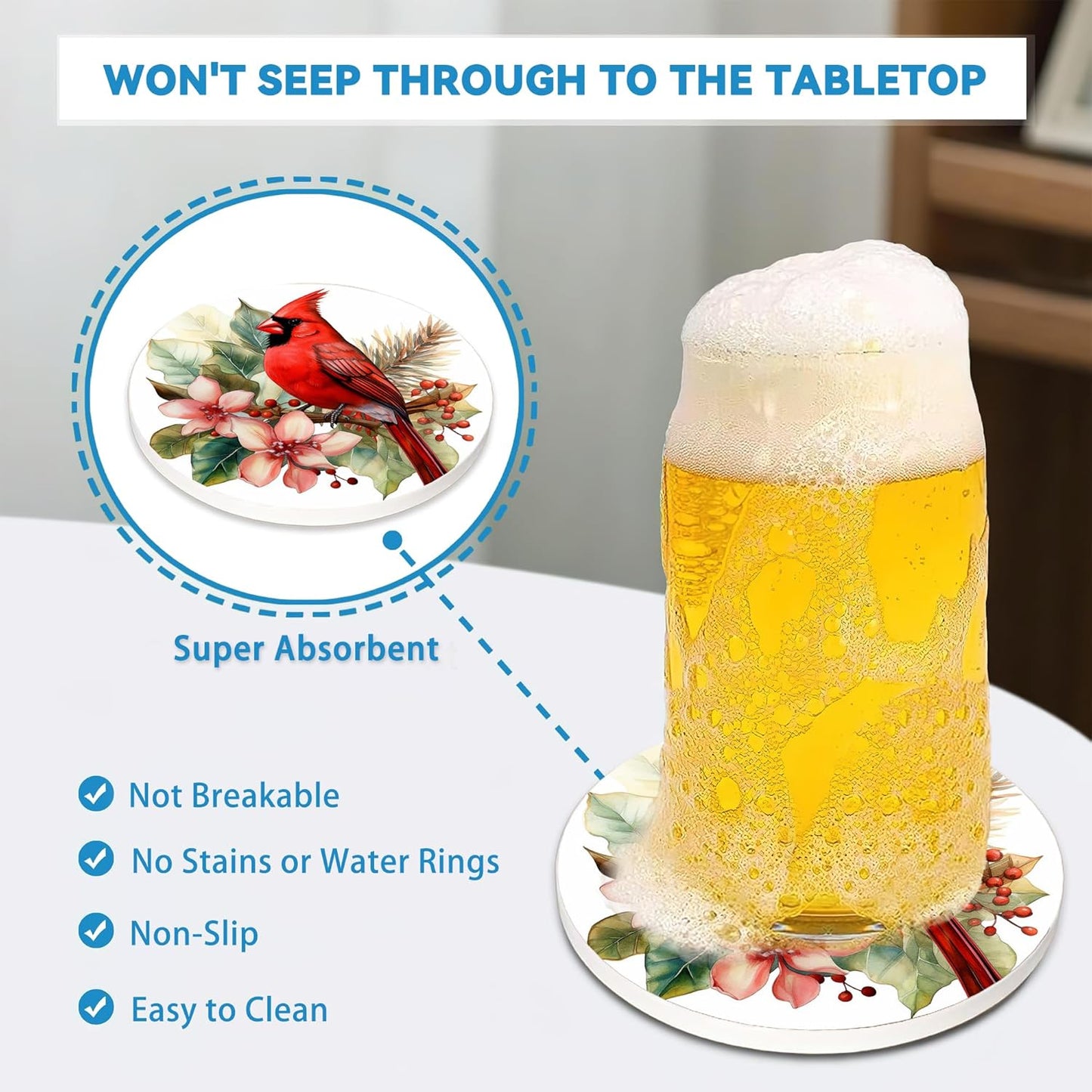 Cardinal Coasters Set of 4, Absorbent Ceramic Stone Coasters with Cork Base, Winter Christmas Home Decor, Ideal Gifts