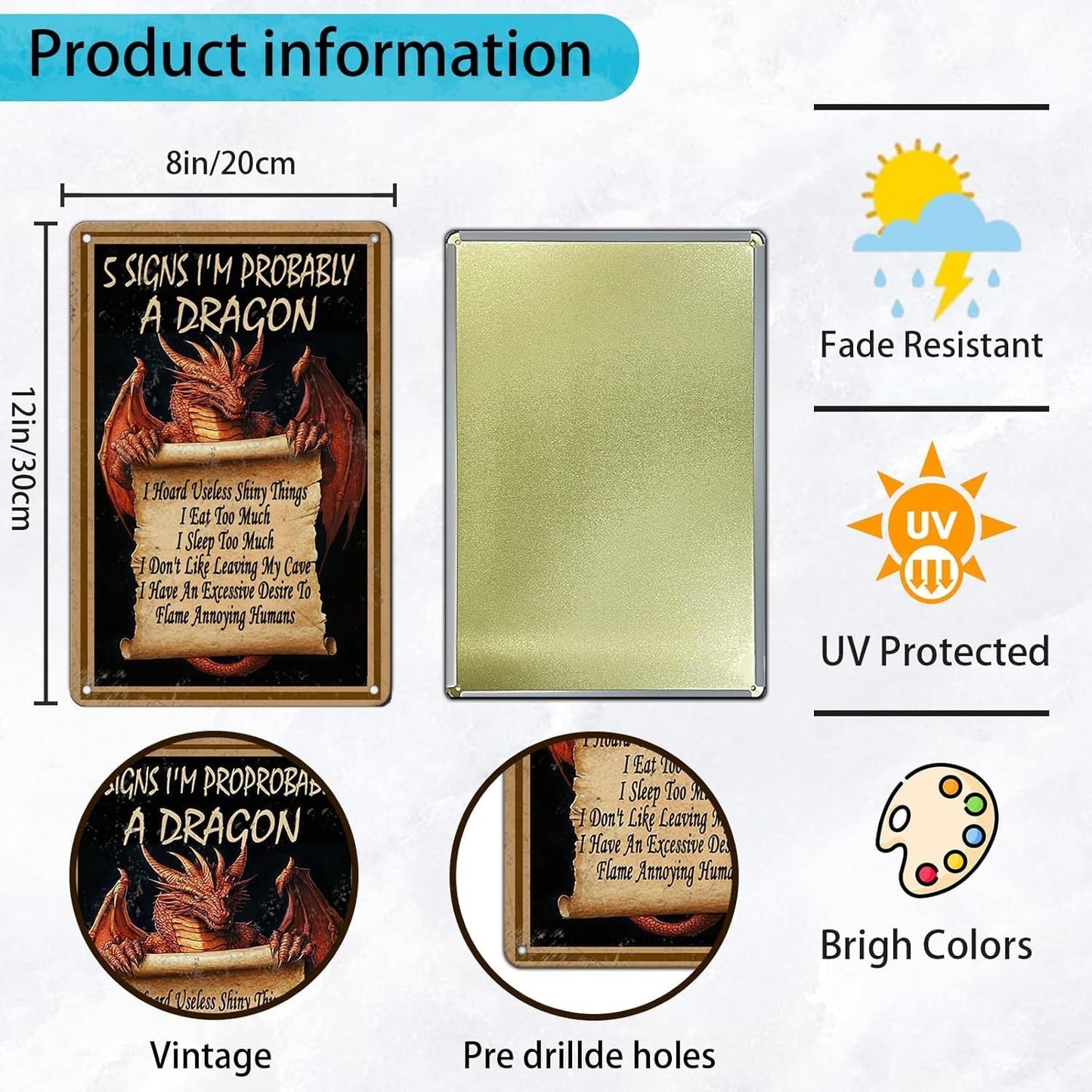 Dragon Wall Art Decorations Vintage 5 Signs I’M Probably A Dragon Accessories Poster Vertical Metal Tin Sign 12x8 Inch Home Kitchen Garden Wall Decor