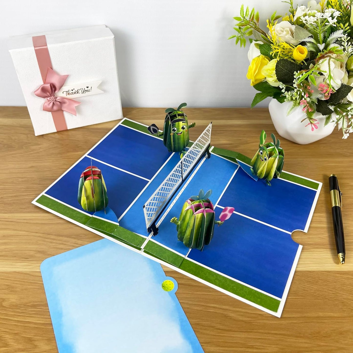 3D Pickleball Popup Card - Funny Handmade Paper Art with Four Pickles Playing for Birthday, Anniversary, Christmas, Father’s Day - Unique Gift for Him, Her, Pickleball Players & Fans