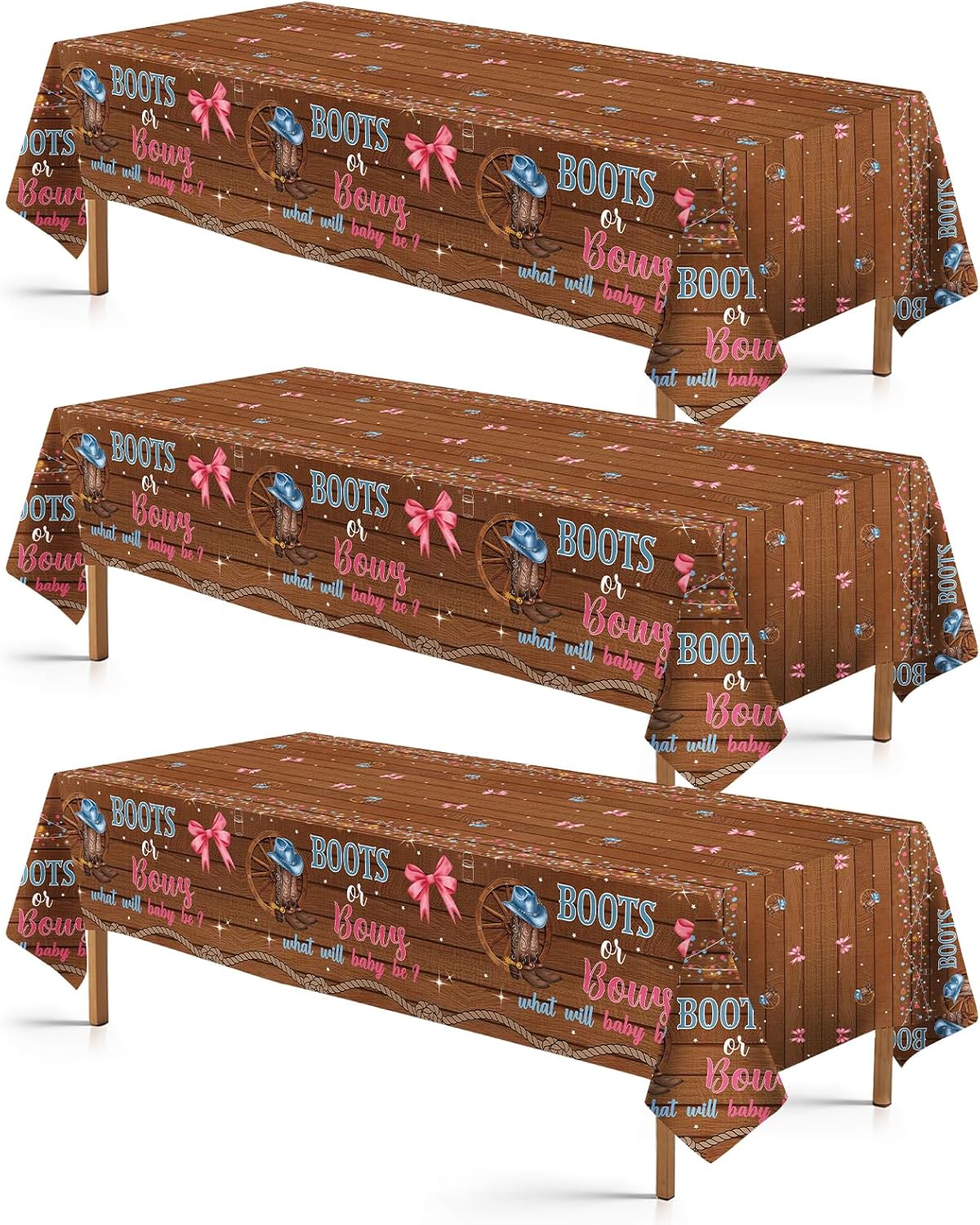 3Pcs Boots or Bows Gender Reveal Tablecloth What Will Baby Be He or She Table Cover Plastic Rectangle Blue or Pink Table Cloth for Western Cowgirl Cowboys Gender Reveal Party Supplies 54" x 108"