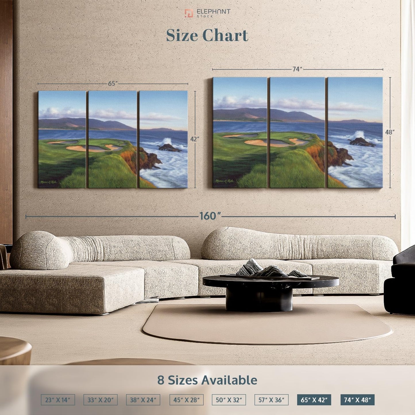 ElephantStock Pebble Beach 7th Hole Wall Art - Horizontal Canvas - 3-Piece Living Room Wall Decor - Painting Sports Canvas Print - Green and Blue Decor for Wall by Marci Rule - 65" X 42"