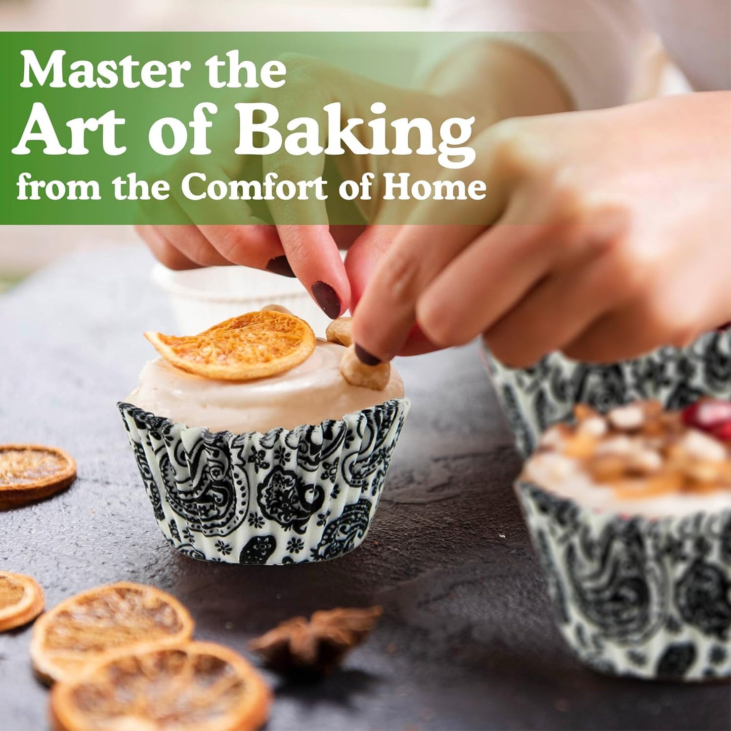 Regency Wraps Greaseproof Professional Grade Baking Cups, Pack of 40, Standard Liners, Black/White Paisley, for Cupcakes, Muffins, Candy, Non Stick