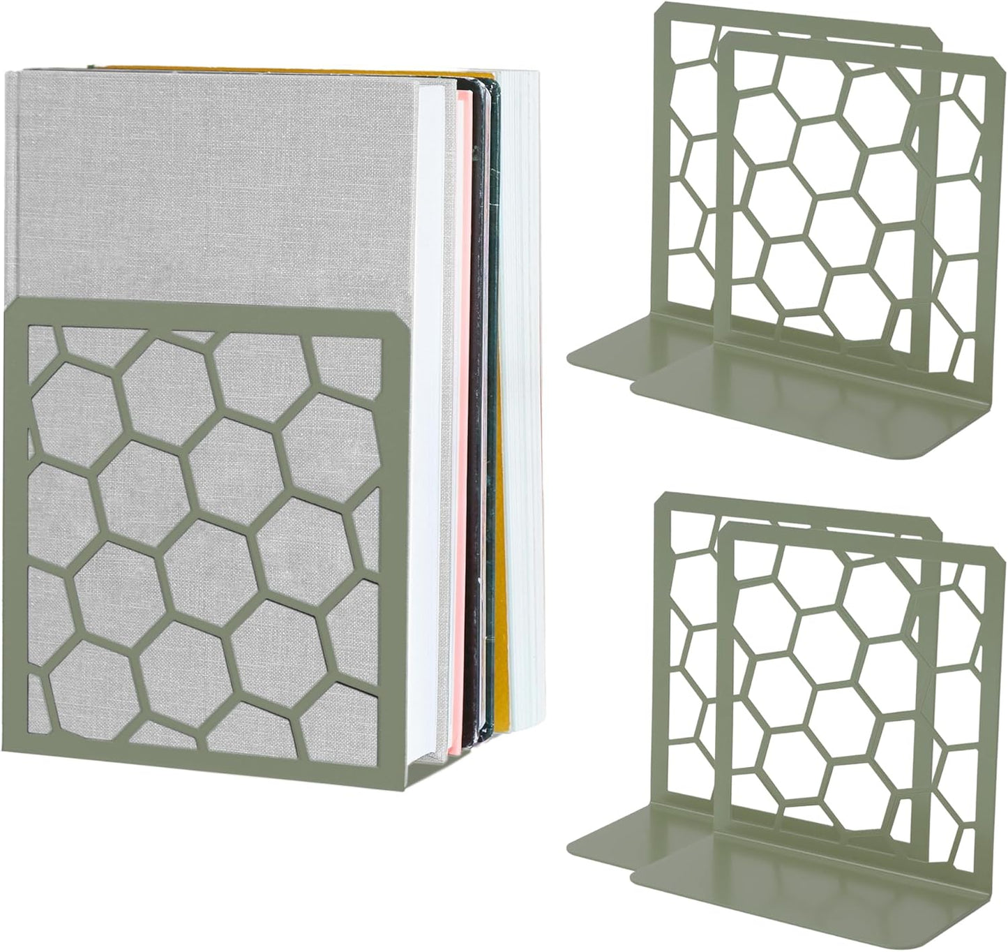 GEOMOD Geometric Honeycomb Sage Metal Bookends Decorative - Tall Sturdy Book Ends for Shelves - Modern Heavy Duty Bookend Stopper - Office or Home Book Shelf Holder - 6x3.25x6.25 Inches-2 Pair
