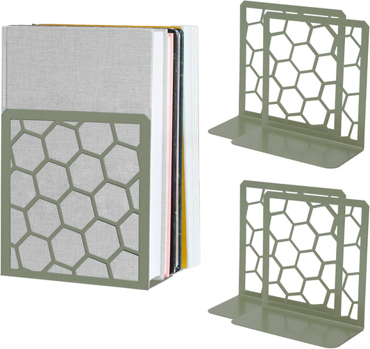 GEOMOD Geometric Honeycomb Sage Metal Bookends Decorative - Tall Sturdy Book Ends for Shelves - Modern Heavy Duty Bookend Stopper - Office or Home Book Shelf Holder - 6x3.25x6.25 Inches-2 Pair