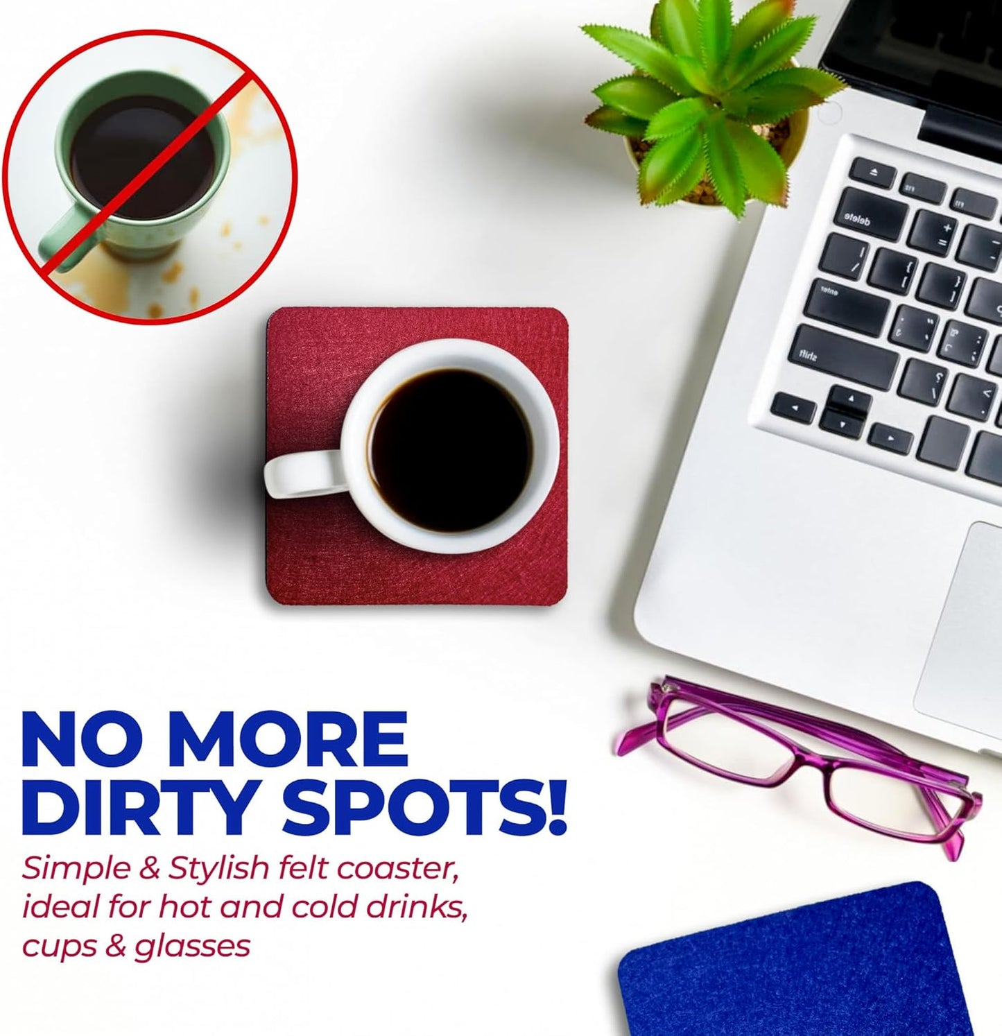 A&A Wonders Premium Felt Coasters for Drink, Two-Tone Reversible, Absorbent Felt Protects Furniture, Table, Anti Slip, Suitable for Drinks & All Table Types (Wine Red/Royal Blue, Square 18 Pack)