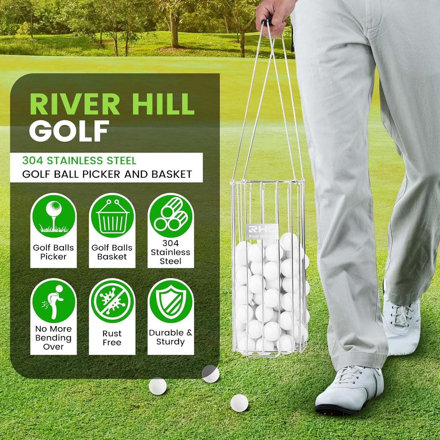Golf Ball Retriever, 304 Stainless Steel Golf Ball Picker Upper, 2-in-1 Design Golf Ball Collector and Basket Hold Up 140 Balls, Rust-Free Shag Bag Grabber Collector Tool Bucket Simulator Accessories