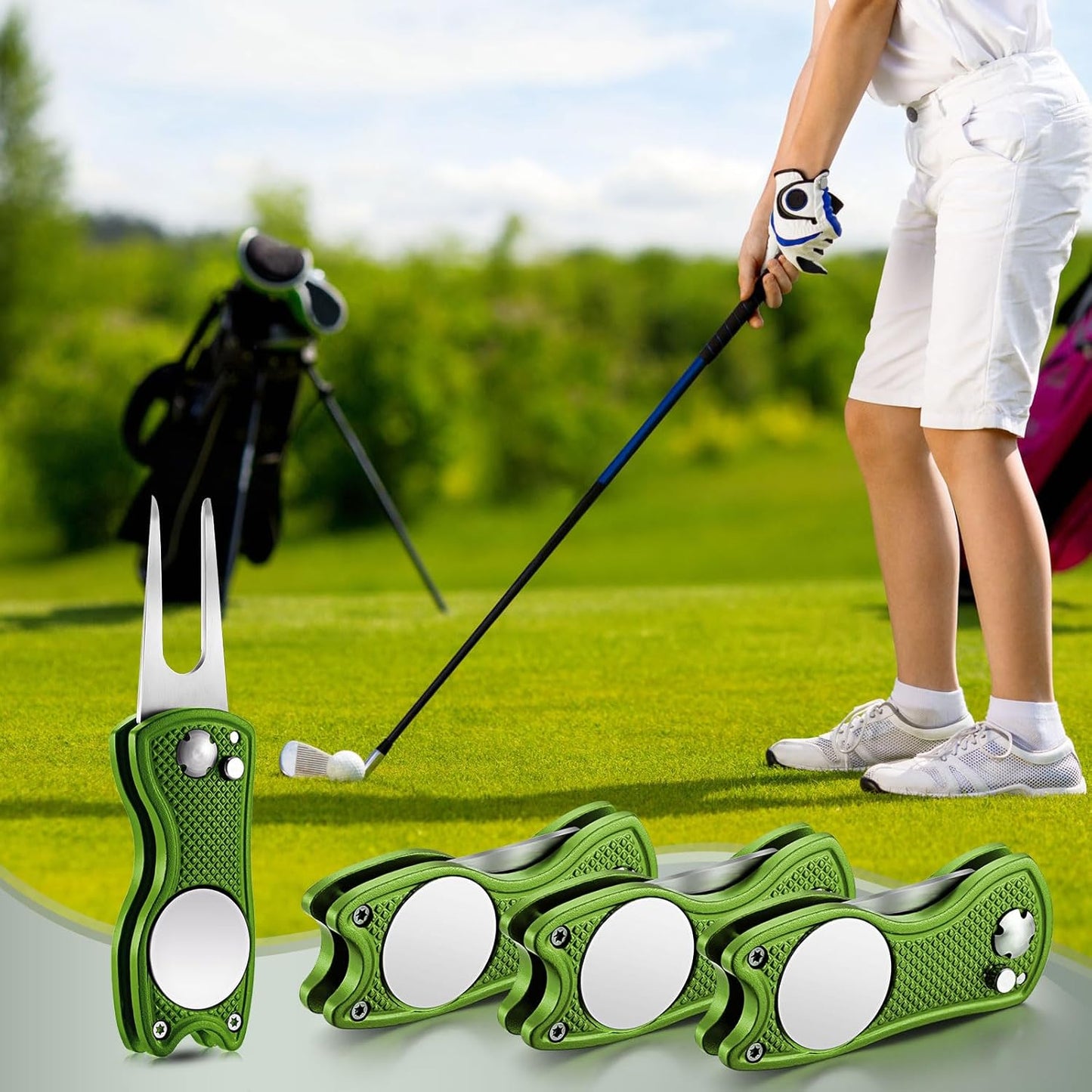 Skylety 4 Pcs Golf Divot Repair Tool Metal Foldable Golf Divot Tool with Magnetic Pop-up Button Ball Marker Stainless Steel Switchblade for Golfers Prizes