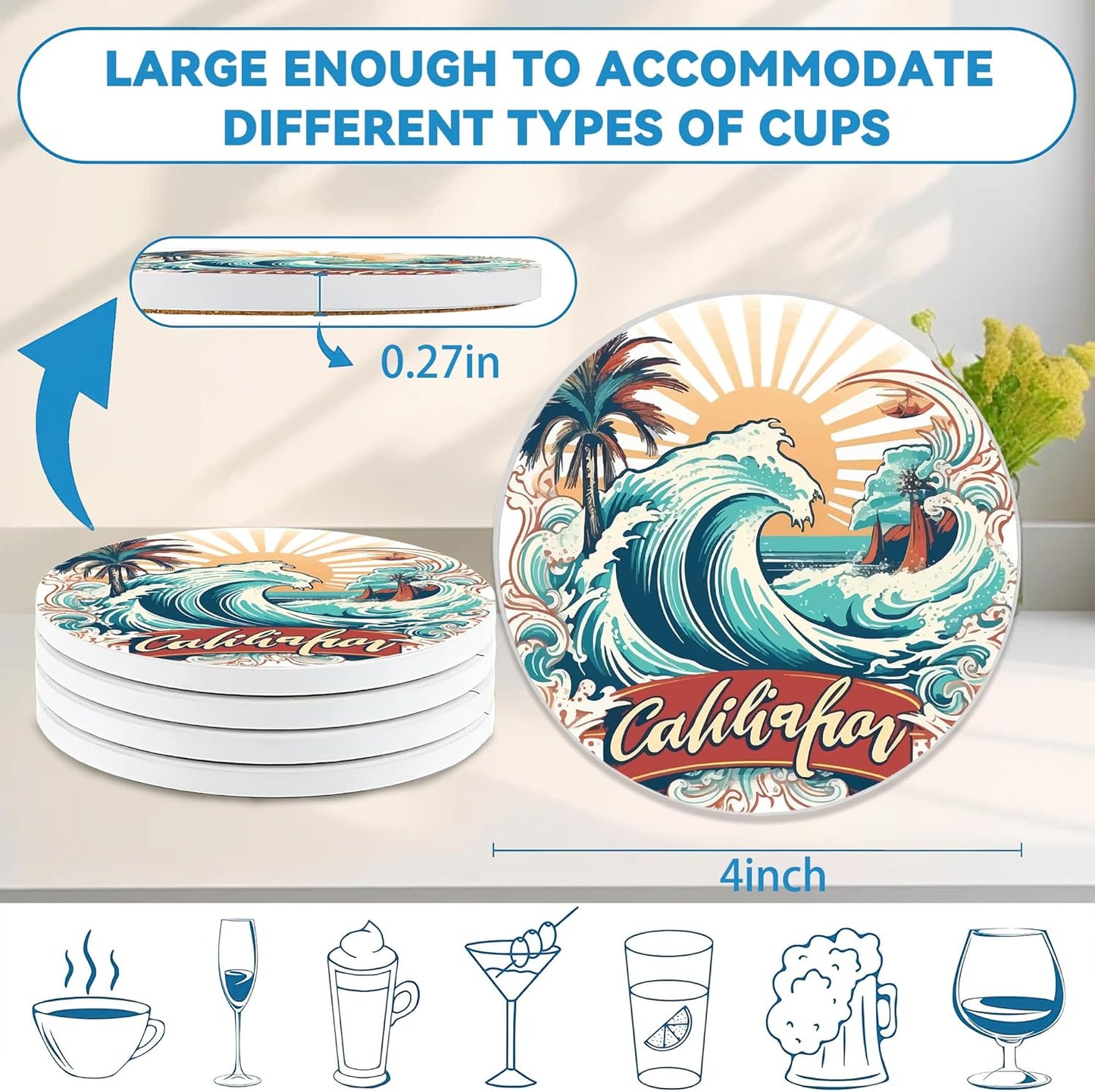 Drinks Coasters Set of 4, California Beach Round 4" Cup Coasters, Absorbent Ceramic Stone Coasters with Cork Base, Cute Coasters for Table Home Décor, Ideal Gifts for Women Men