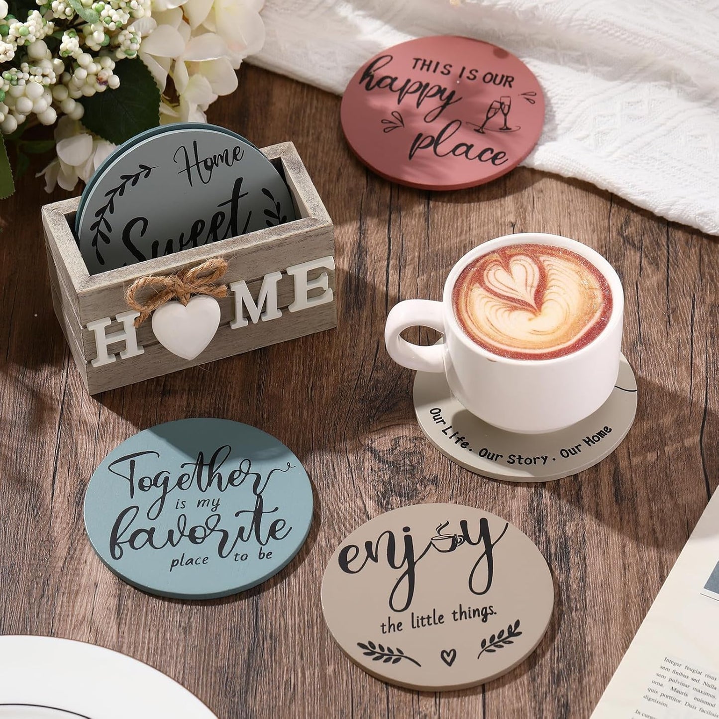Queekay Housewarming Gifts for Home Decoration Wooden Heart Coasters for Drinks 6 Set Farmhouse Coasters with Holder Funny for Family Coffee Table Protection, 4''(Light Color)
