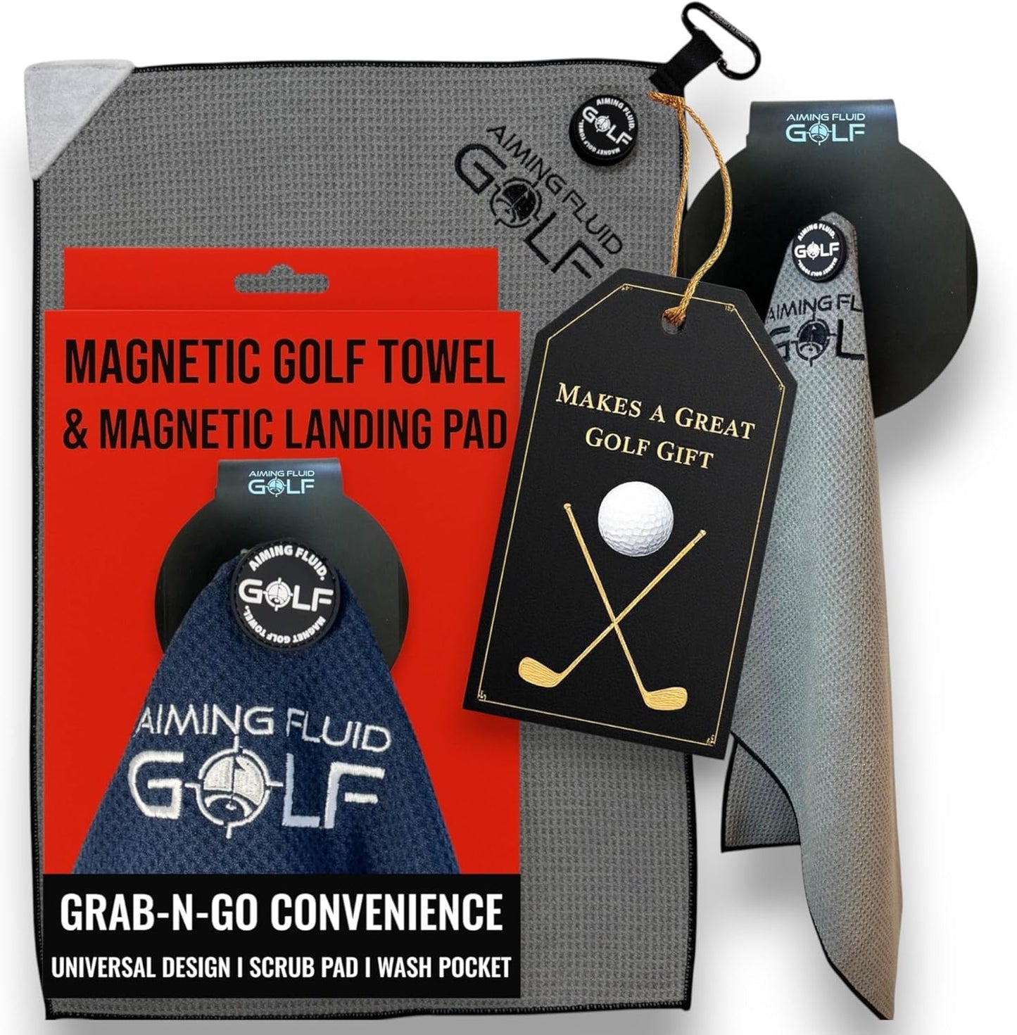Magnetic Golf Towel & Magnetic Landing Pad – Premium Microfiber Waffle Weave I Scrub Pad I Wash Pocket I Golf Gift I Cart Carry and Tour Bag(Magnetic Landing Pad & Golf Towel 16" x 24" Grey)