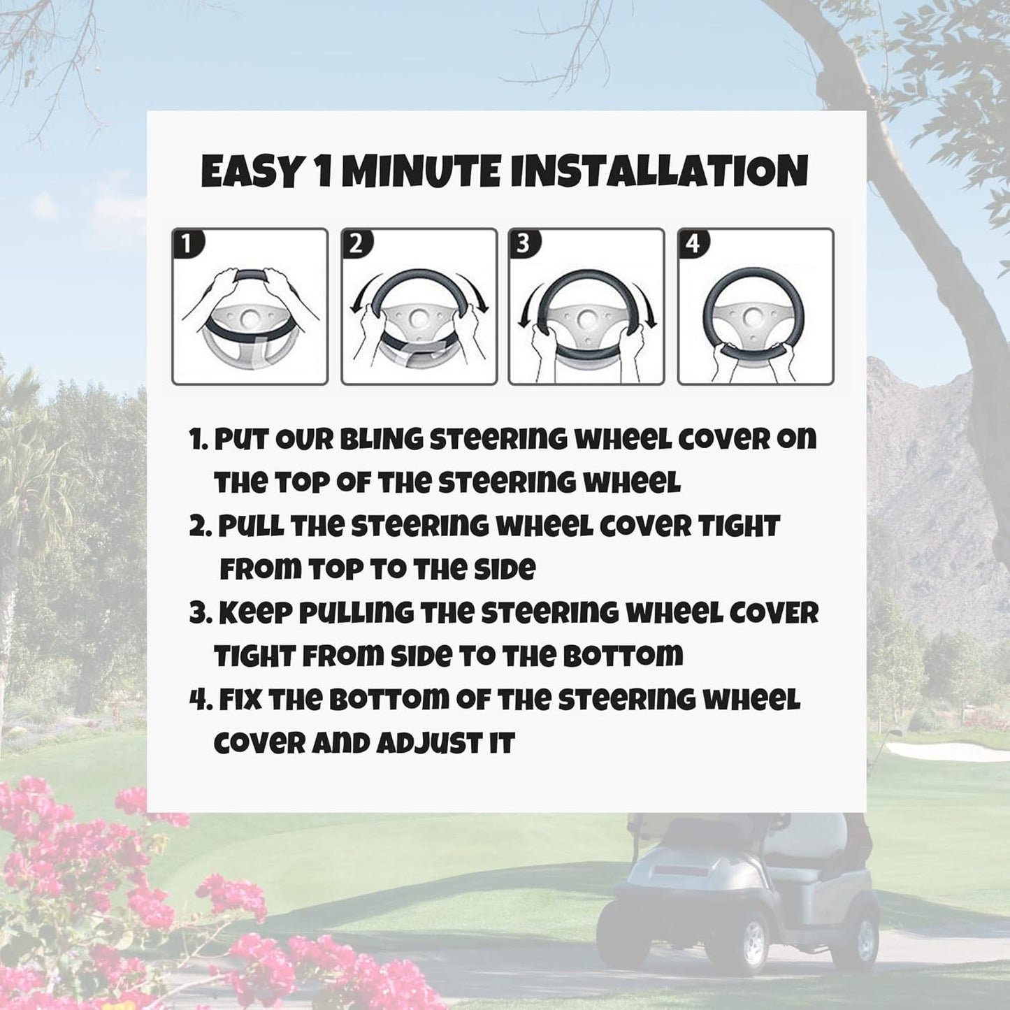 Universal Colorful Bling Crystal Diamond Rhinestones Golf Cart Steering Wheel Cover fits Club Car, Yahama, EZGO, Anti Slip Cover Easy to Install, Great Gifts for Golfer Women Womens (White Diamond)