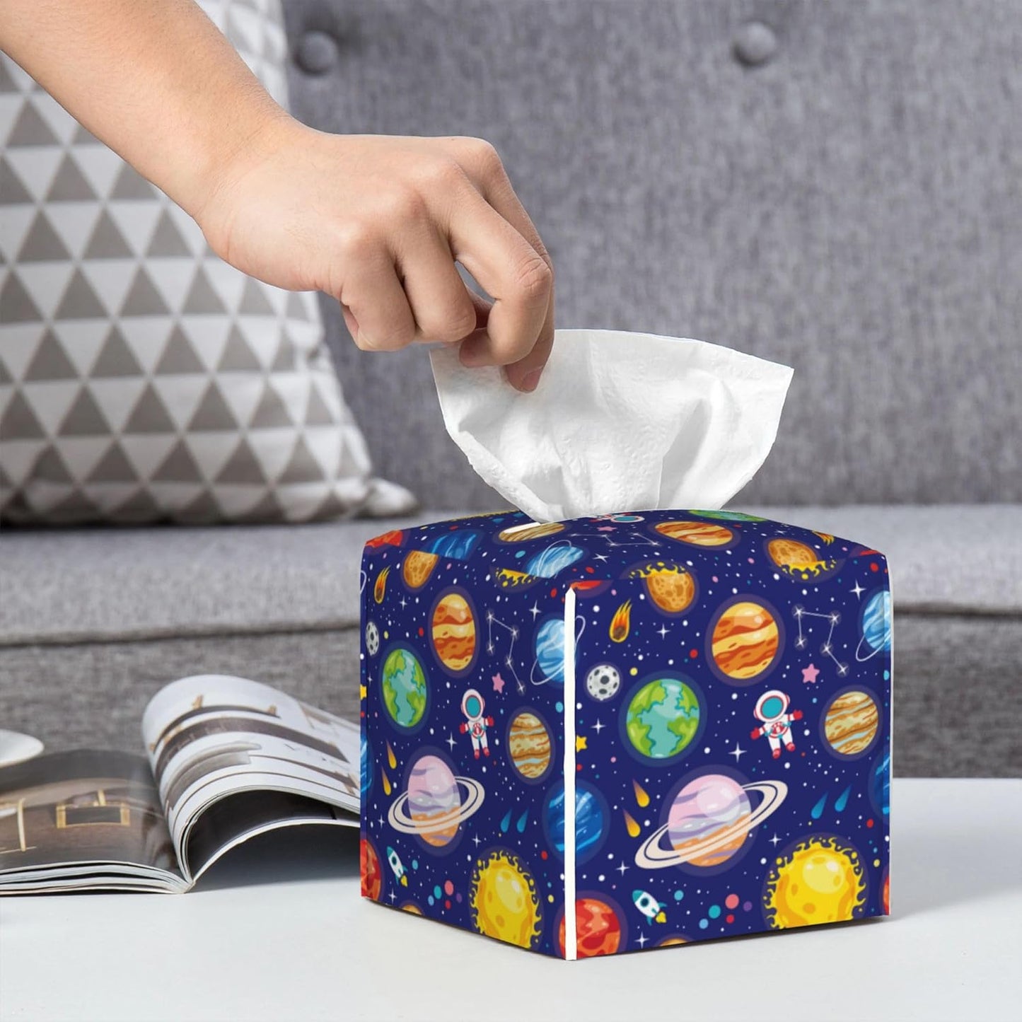 Leather Tissue Box Holder Solar System Universe Planet Tissue Box Cover Square Waterproof Tissue Holder Organizer Modern Napkin Holder for Bedroom Dresser Night Stand Office Desk