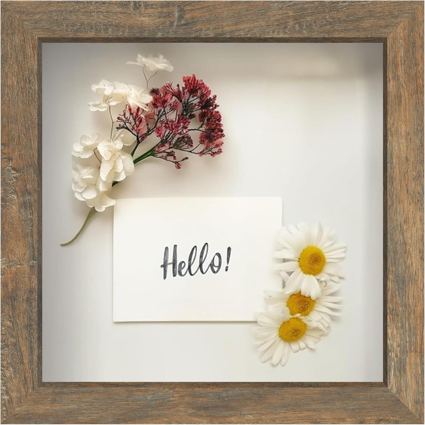 FrameWorks 8x8 Driftwood Wooden Shadow Box Frame – Soft Felt Back, Tempered Glass, and Included Elegant White Ball Push Pins