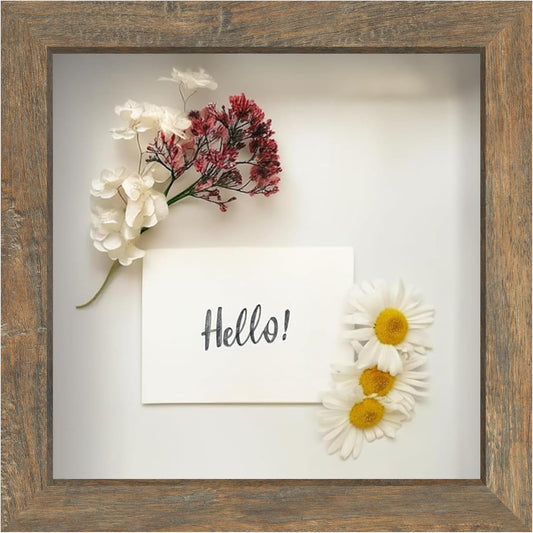 FrameWorks 8x8 Driftwood Wooden Shadow Box Frame – Soft Felt Back, Tempered Glass, and Included Elegant White Ball Push Pins