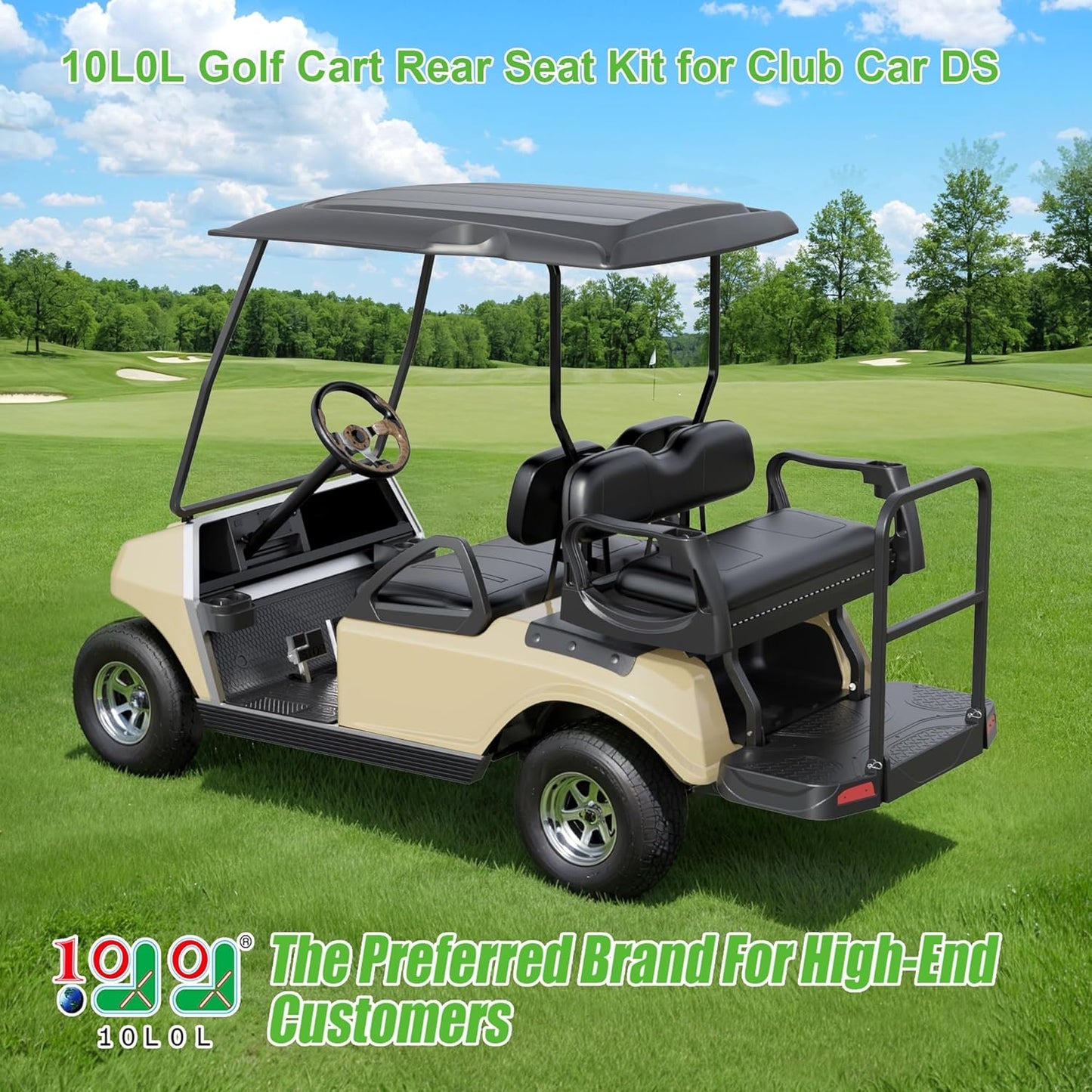 10L0L Golf Cart Rear Flip Seat Kit for Club Car DS Gas & Electric, Deluxe Flip Folding Back Seat Kit with Widened Grab Bar, Black Leather Cushions, Cargo Net