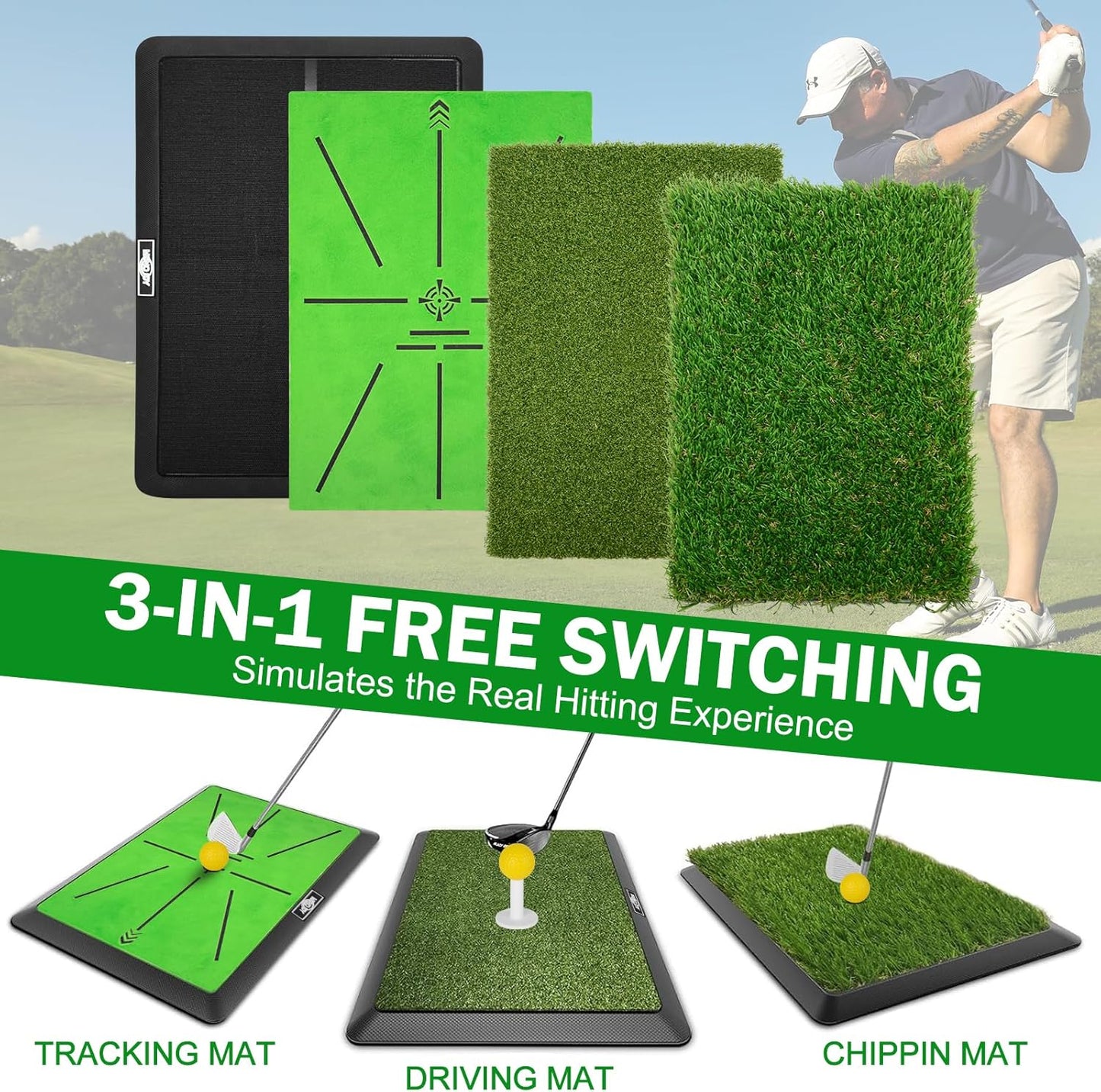 MONOJOY Golf Hitting Mats with Golf Tees Practice Indoor 3 Pcs Replaceable Outdoor Golf Putting Chipping 16"x12" Artificial Dual Turf Training Mats Velvet Practice with No-Slip Heavy Duty Rubber Base