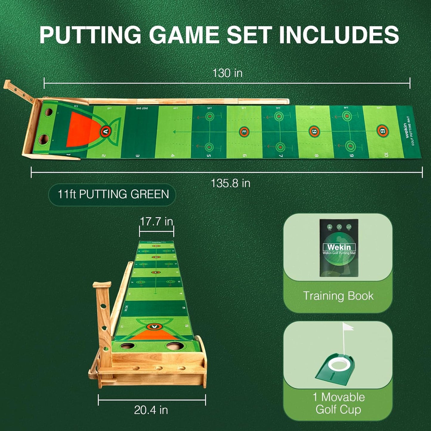 Wekin Indoor Putting Green with Auto Ball Return,11 Foot Golf Practice Putting Mat,Ideal Training Putting Mat for Beginners & Advanced Players
