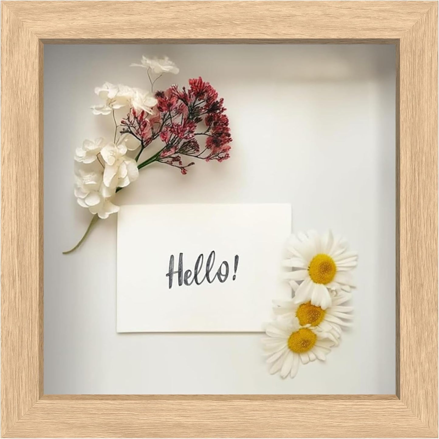 FrameWorks 8” x 8” Natural Oak Wooden Shadow Box Frame – Display Case with Soft Felt Back, Memory Box with Tempered Glass, Display Box with Elegant White Ball Push Pins, Wooden Flower Box