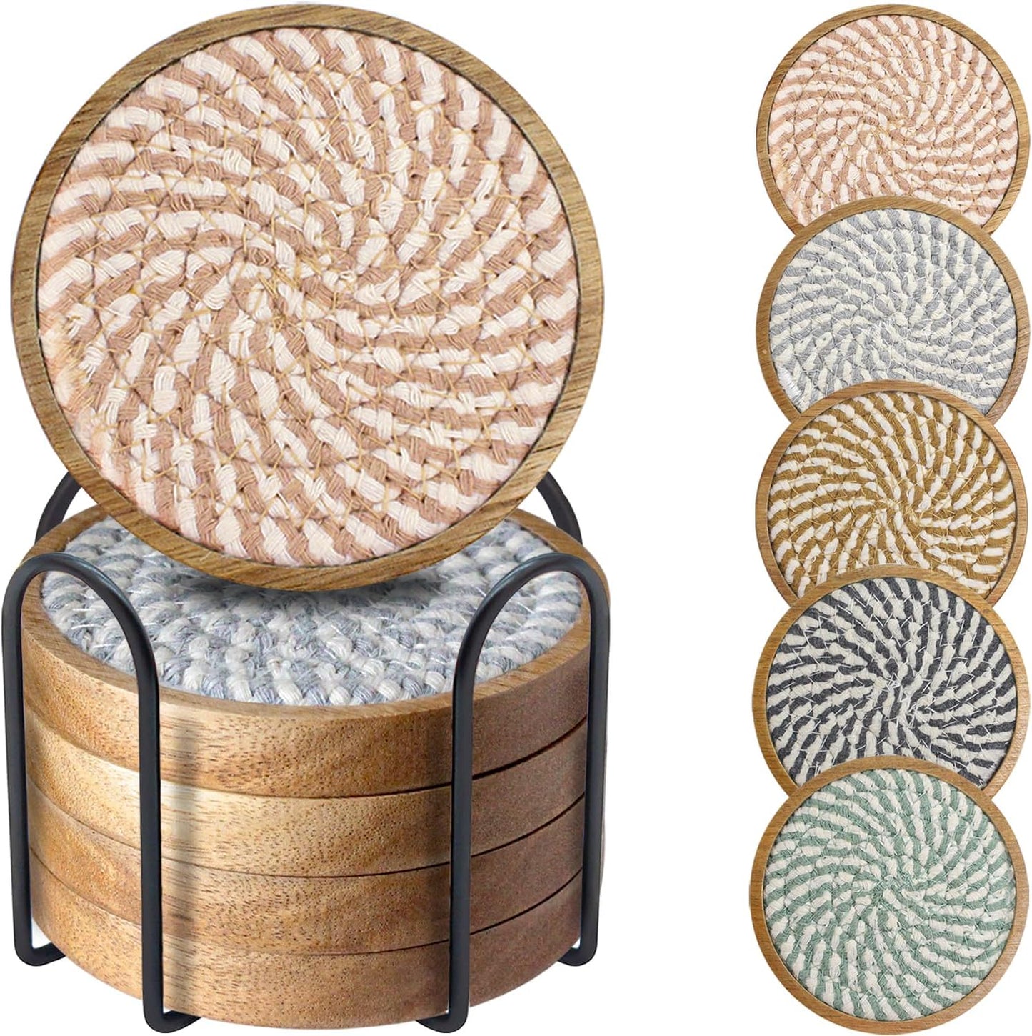 Coasters for Drinks Absorbent Sets of 5, Woven Coasters with Holder, Wood Coasters for Coffee Table, Housewarming Gift for Farmhouse Home Decor, 4 inches (Colorful Series)