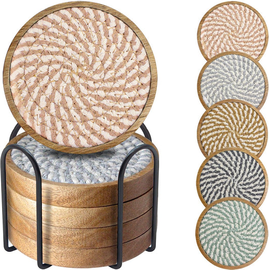 Coasters for Drinks Absorbent Sets of 5, Woven Coasters with Holder, Wood Coasters for Coffee Table, Housewarming Gift for Farmhouse Home Decor, 4 inches (Colorful Series)