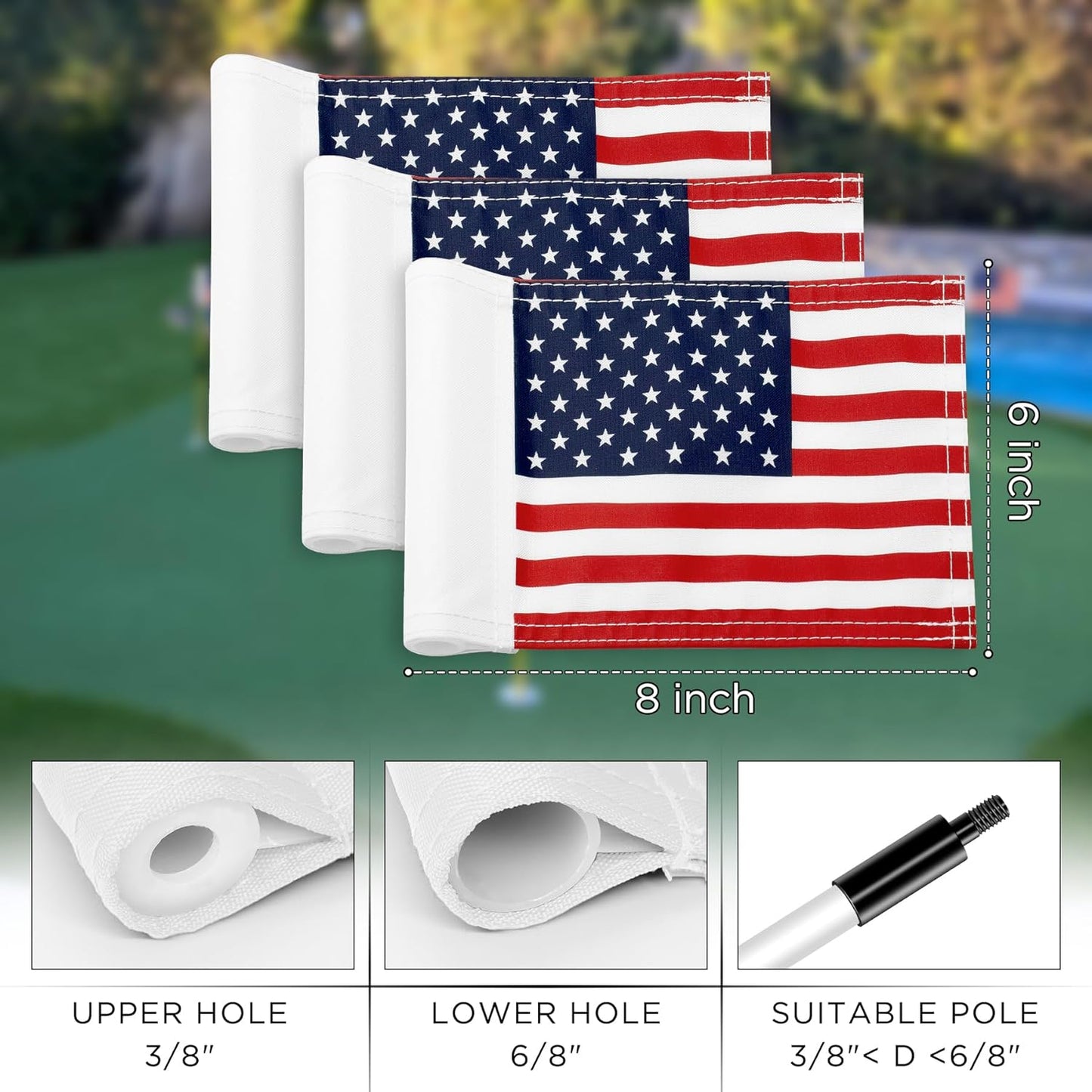 KINGTOP USA Golf Flag 8x6 Inch – Premium Dual-layer 420D Nylon, Double Sided American Pattern Printing, Tube Inserted – Mini Practice Putting Green Flags for Yard, 6-Pack