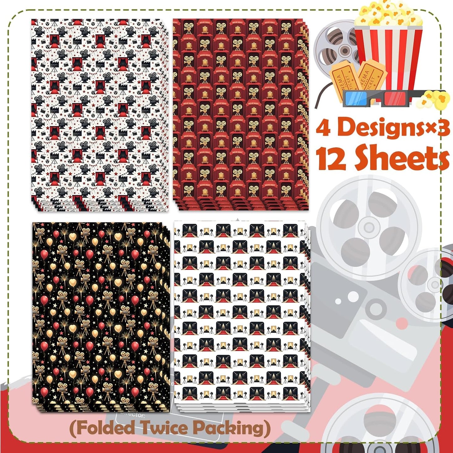 Movie Night Wrapping Paper Cinema Red Carpet Designs Gift Wrap for Party,Film Lovers,Movie Buffs,Theaters,20"×28"