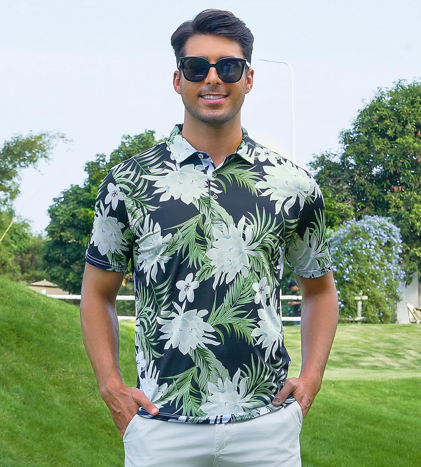 Alex Vando Mens Hawaiian Golf Shirt Moisture Wicking Digital Print Golf Shirts for Men