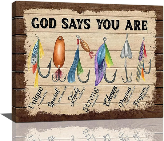 Fishing Wall Art, Fish God Says You Are Pictures Wall Decor Coastal Canvas Prints Framed Artwork Paintings Home Office Decorations For Bathroom Bedroom Living Room Kitchen 20l X 16w
