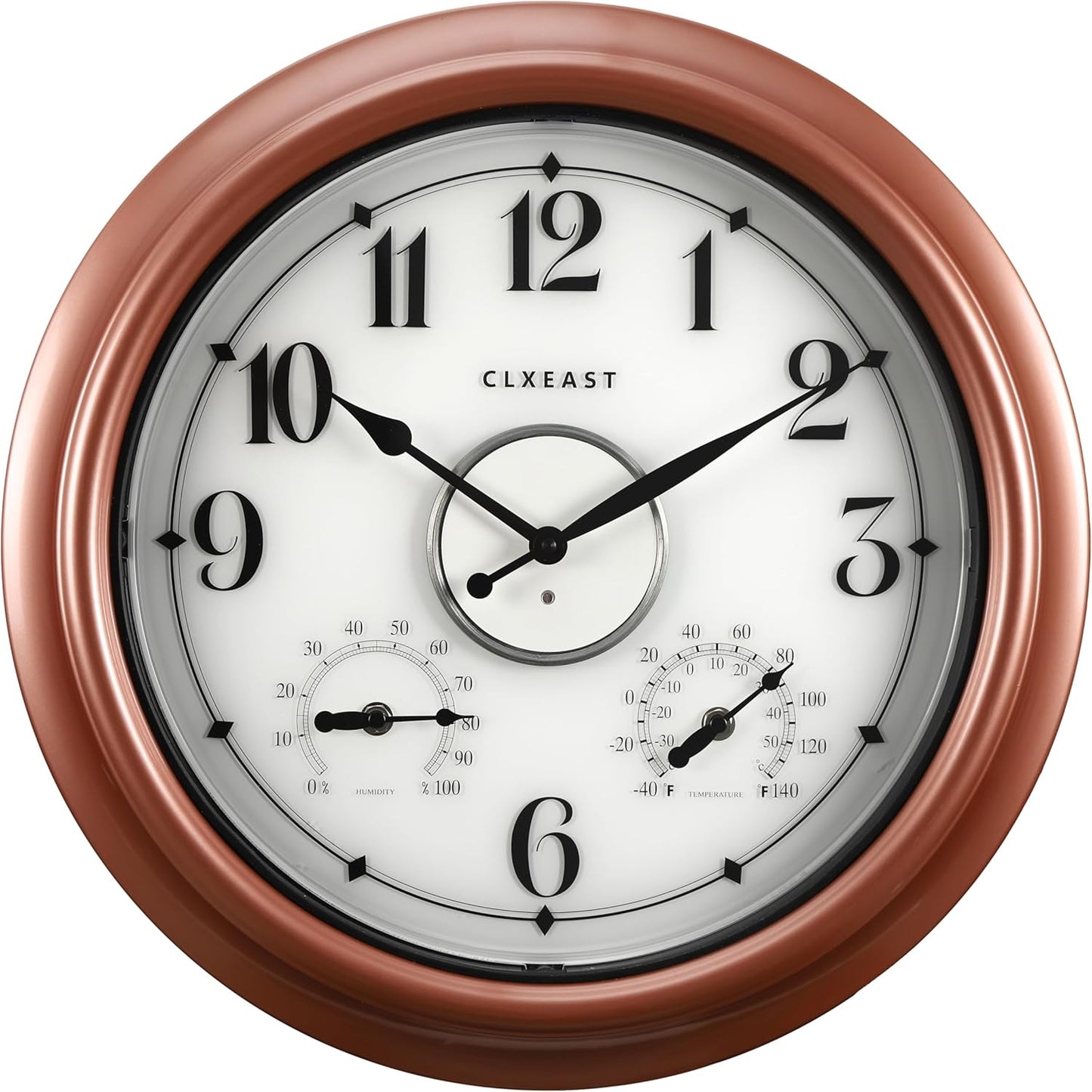 CLXEAST 18 Inch Illuminated Outdoor Indoor Clocks with Smart Sensor,Modern Farmhouse Lighted Wall Clock with Temperature and Humidity for Patio, Garden Decor,Copper/Rose Gold Finish