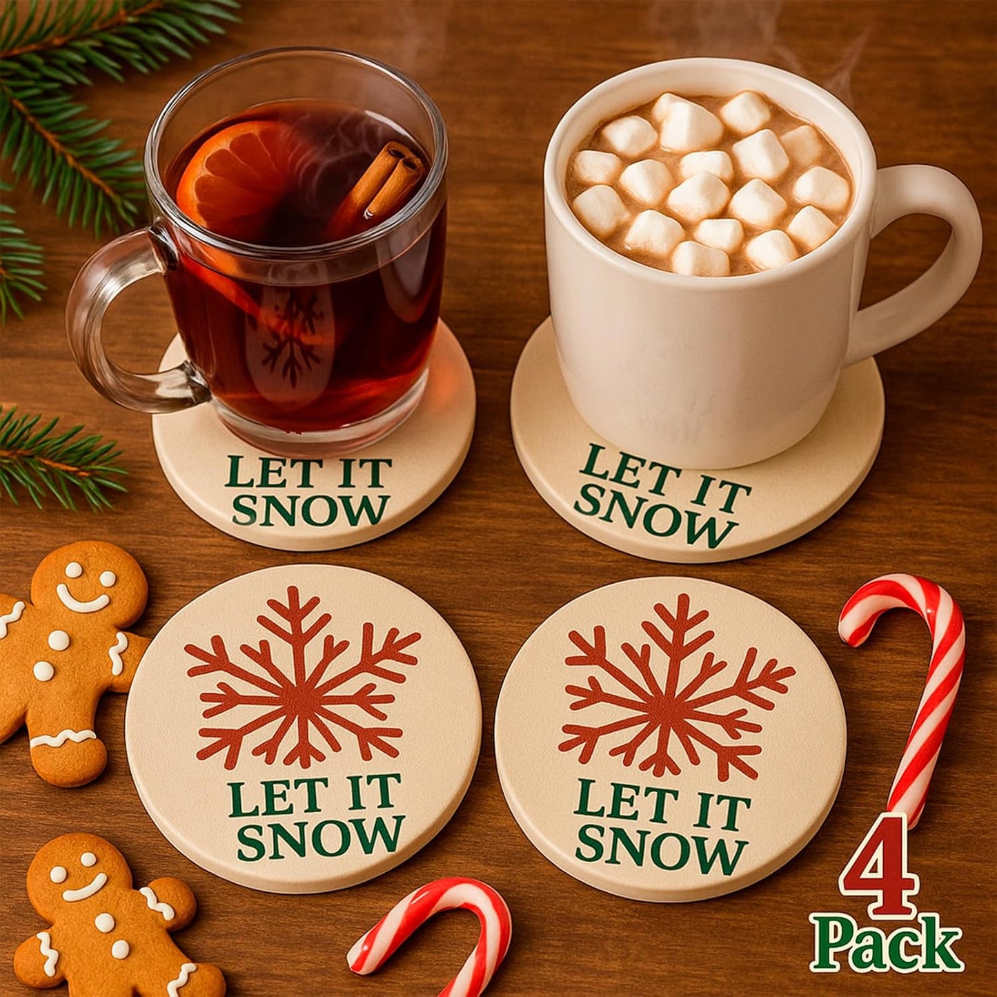 Let It Snow Christmas Coasters Set of 4,Absorbent Ceramic Drink Coasters with Non-Slip Cork Backing, Festive Red Snowflake & Holiday Phrase Design, Winter Coffee Table Protection & Gift Decor