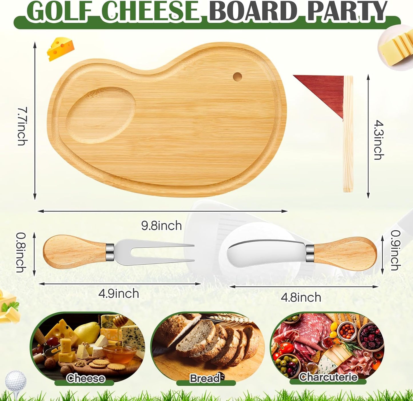 Golf Cheese Board Gift Set Party Favor Prizes Charcuterie Wood Board with Knives and Box Father Day Gift for Dad Grandpa Party Tournament Game (9.8" x 7.7", Bamboo Color)