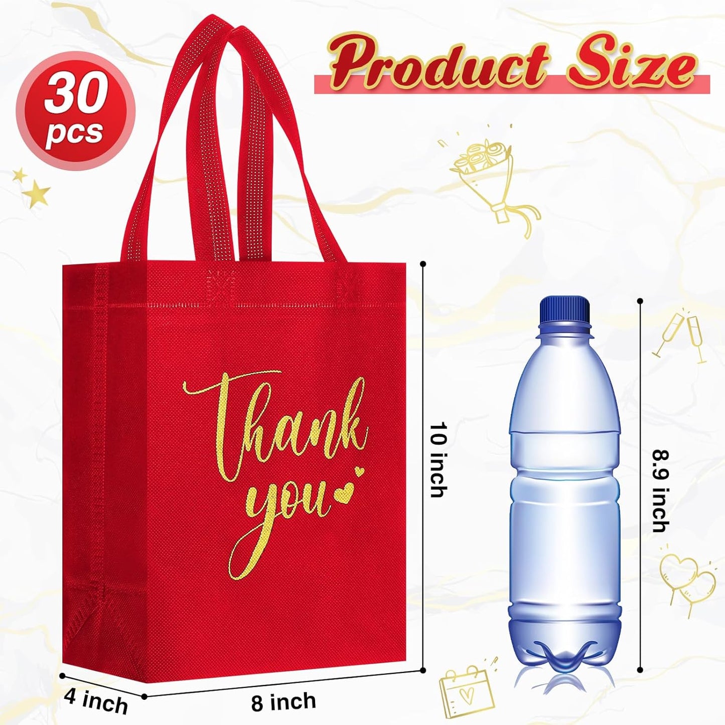 Sweetude 30 Pcs Thank You Gift Bags with Handles Bulk Reusable Goodie Bag Non Woven Foldable Handbag for Graduation Wedding Bridesmaid Gifts(10 x 8 x 4 Inch,Red)