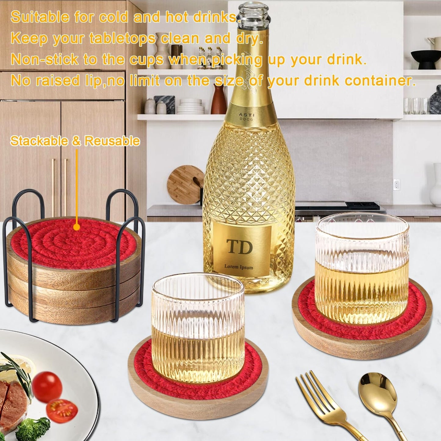 Woven Coasters Set of 5 with Holder, Wooden Drink Coasters for Coffee Table, Housewarming Gift for Farmhouse Home Decor, 4 inches (Red)