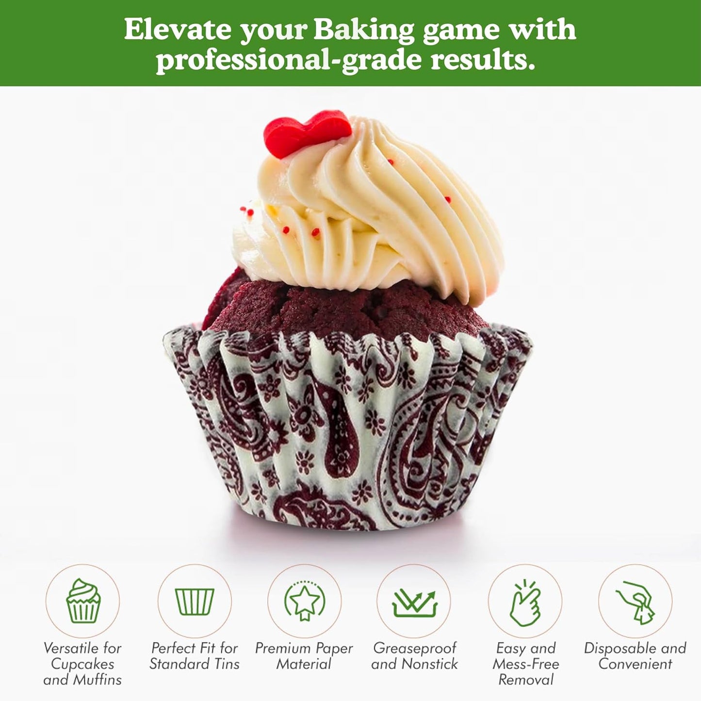 Regency Wraps Greaseproof Professional Grade Baking Cups, Pack of 40, Standard Liners, Burgundy Paisley, for Cupcakes, Muffins, Candy, Non Stick