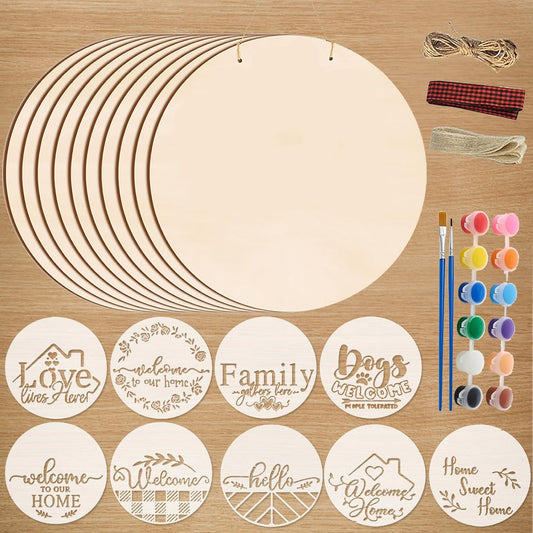 12 Inch Wood Circles for Crafts, 10Pcs Unfinished Wood Rounds with 9Pcs Welcome Stencils & 12Pcs Painting, DIY Wooden Crafts for Door Hanger, Wood Burning, Painting, Thanksgiving Day Christmas Decor