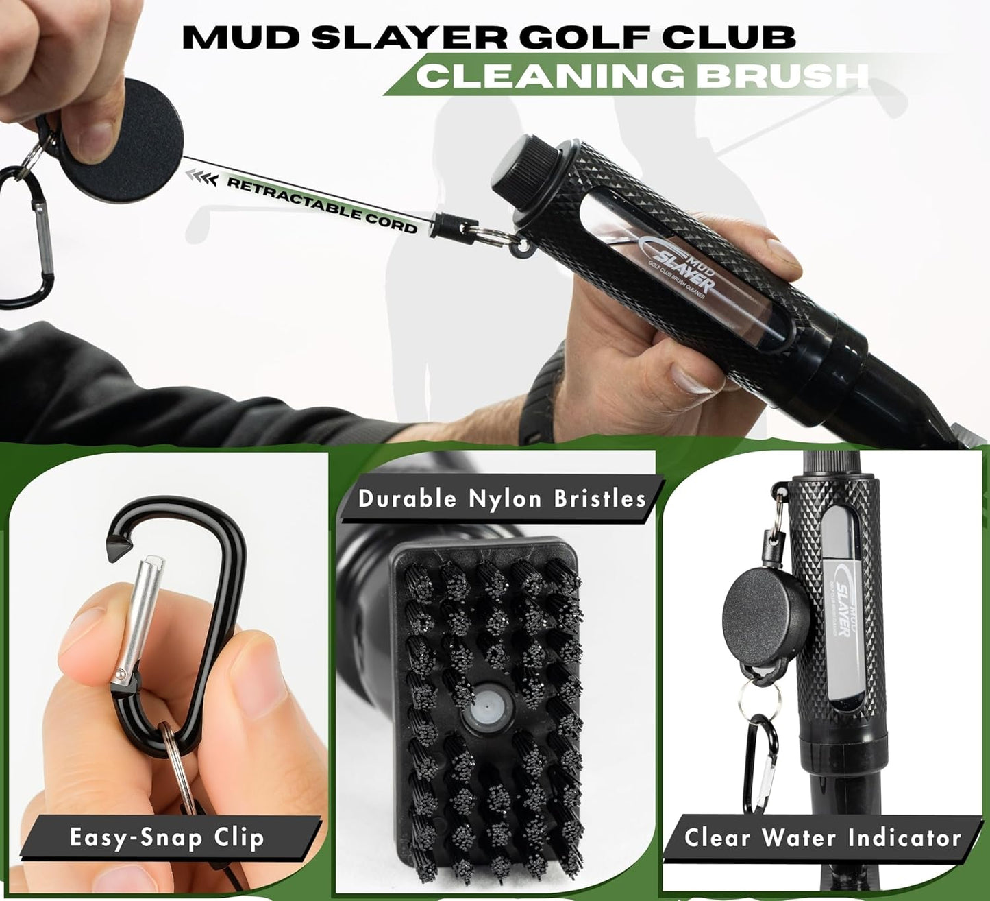 Mud Slayer Golf Club Cleaning Brush with Fine Mist Spray, Leak-Proof Viewing Window & Retractable Clip – Dual Bristle Head, Ergonomic Handle – Must-Have Golf Accessories for Men & Women