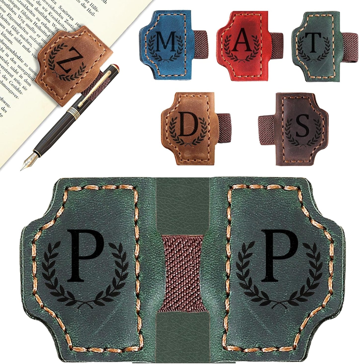 Bygone Mark Bookmark with Pen Holder, 26 Letters Name Initial Personalized Magnetic Bookmarks, Leather Book Mark for Men Women, Travelers Accessories, Teachers Readers Book Lovers Gifts (Green, P)