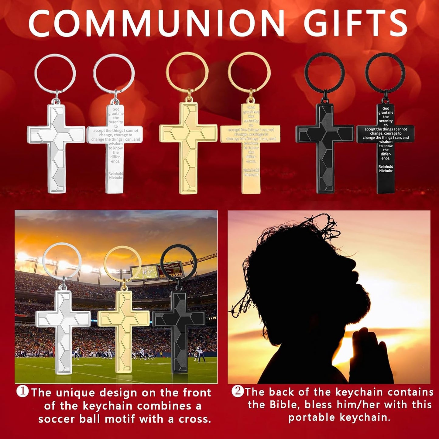 Football/Baseball/Soccer/Basketball Cross Keychains for Men First Communion Baptism Confirmation,Mens Gifts