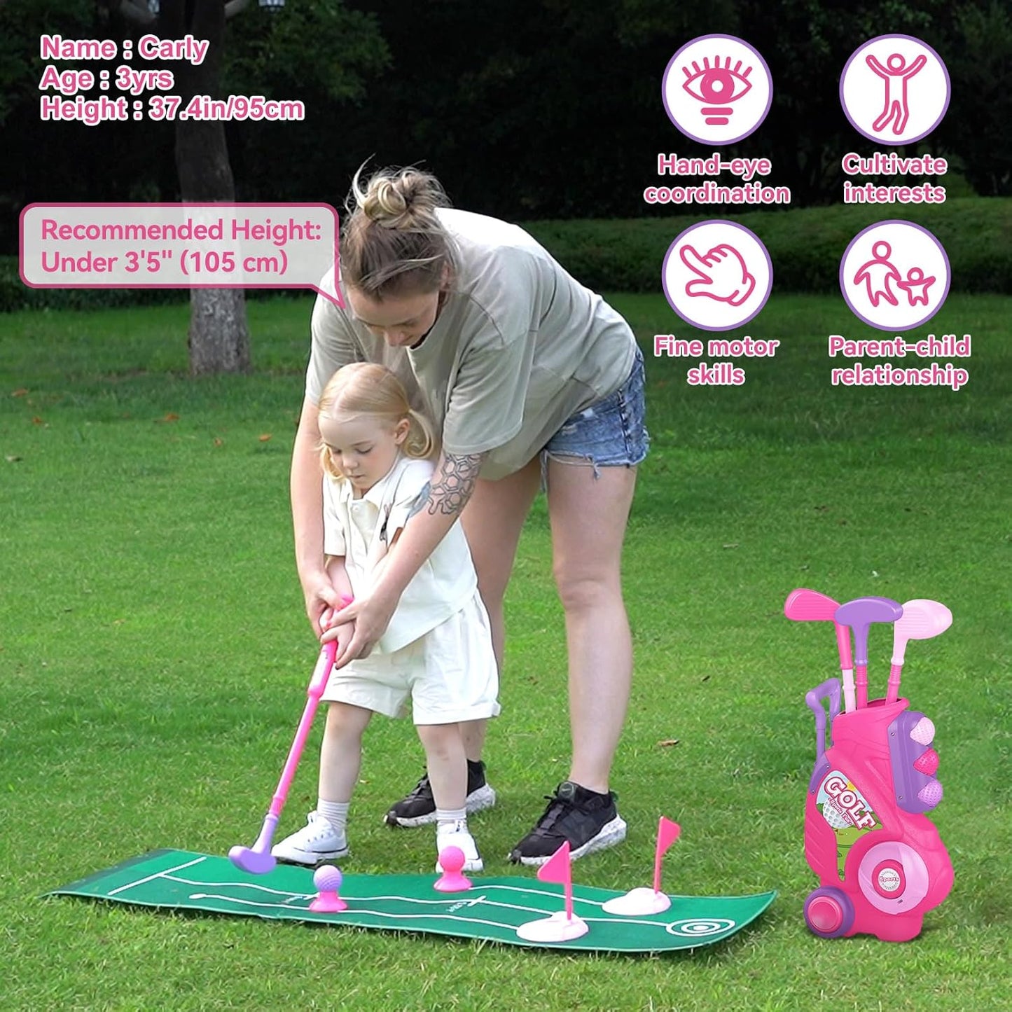 Liberry Toddler Golf Set for 2 3 4 Years Old Girls Boys, Upgraded Kids Golf Cart with Golf Cornhole Board & Putting Mat, Indoor and Outdoor Golf Toys Birthday, Pink