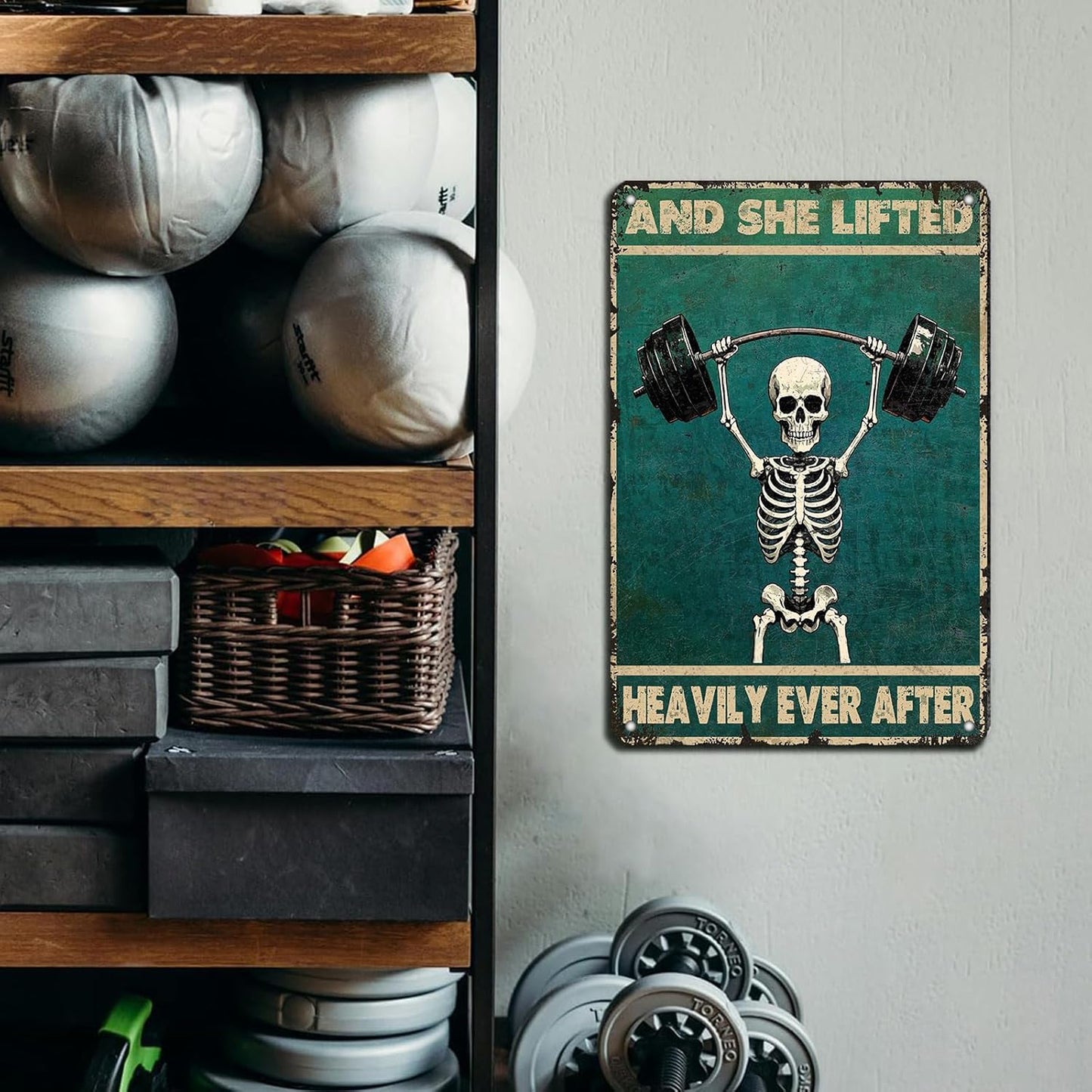 Skeleton Vintage And She Lifted Heavily Ever After Metal Tin Sign 8x12 Inch Gym Metal Poster Funny Skull Gym Tin Sign Home Kitchen Garden Bar Coffee Restaurant Bathroom Are Wall Decor