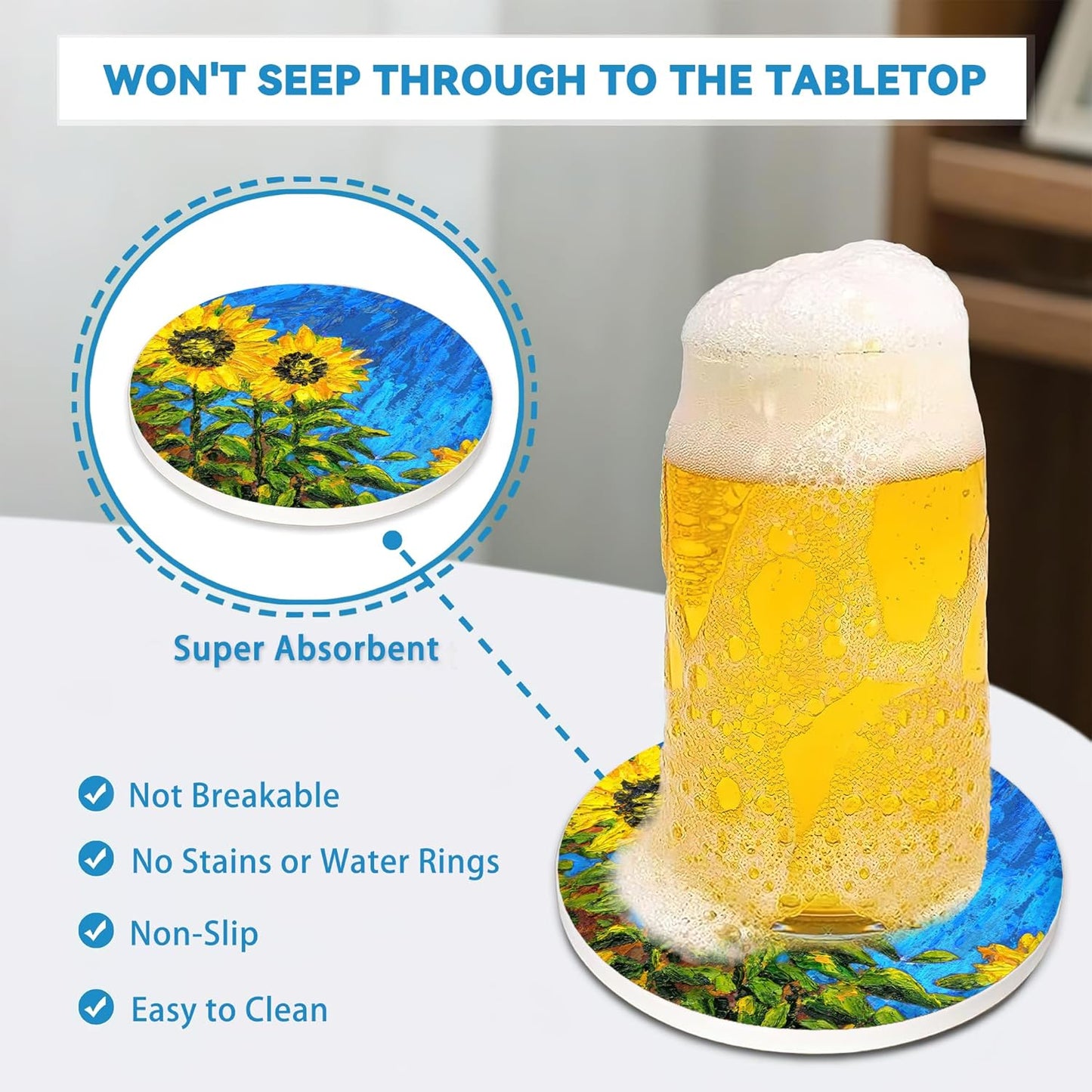Drinks Coasters Set of 4, Sunflower Oil Painting Round 4" Cup Coasters, Absorbent Ceramic Stone Coasters with Cork Base, Cute Coasters for Table Home Décor, Ideal Gifts for Women Men
