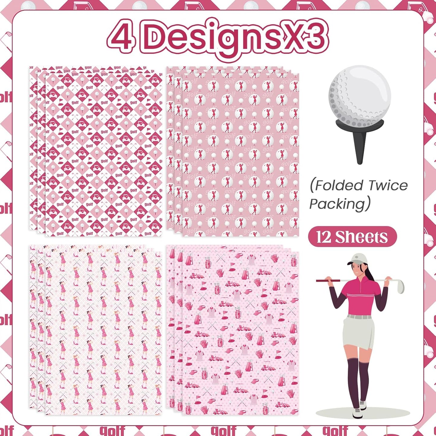 Golf Wrapping Paper 12 Sheets Pink Golf Themed Design Gift Wrap for Girls,Golfers,Golf Lovers,20"×28"