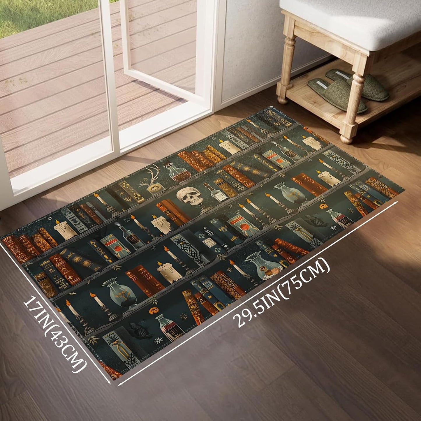 Gothic Book Indoor Door Mat,Vintage Books and Skull Floor Doormat,17x29.5in,Non Woven Non Slip Rubber Backing Goth Rug for Porch Insider,Bedroom,Halloween Party,Doormats Gifts,Rv Camper Decor
