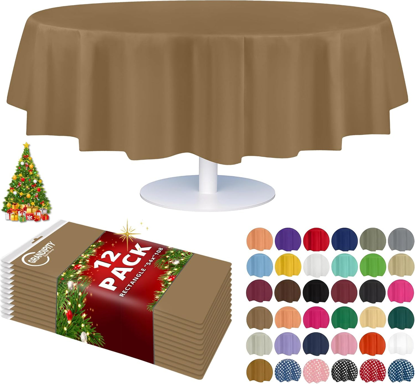 Grandipity 12 Pack Premium Disposable Plastic Tablecloth 84" Inch Decorative Round Table Cover - Gold