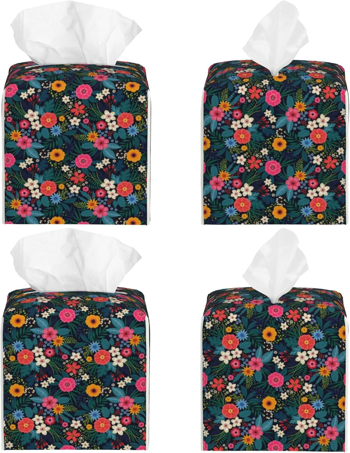 Colorful Flowers and Leaves Tissue Box Cover Leather Tissue Box Holder Square Facial Paper Organizer Dispenser for Bathroom Kitchen Bedroom Vanity Countertop Night Stands